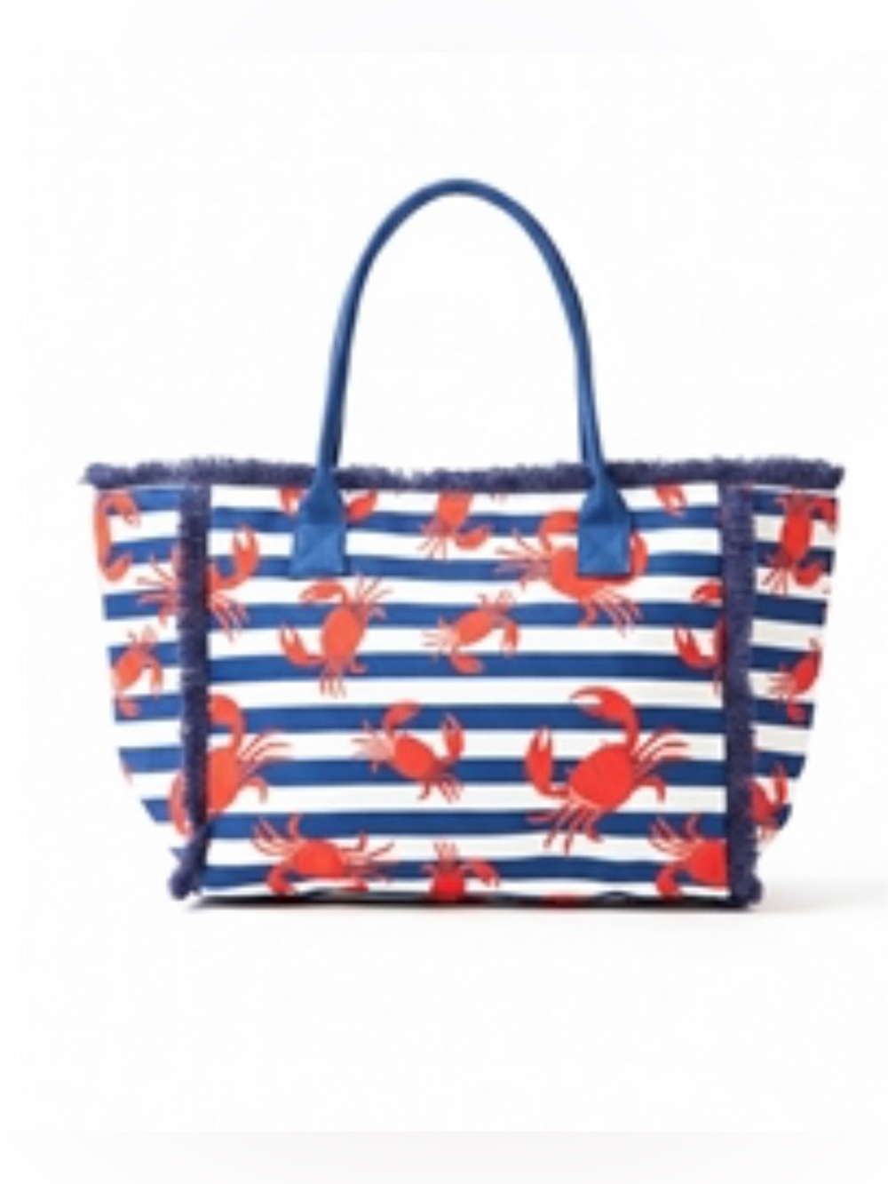 Striped Blue & White Beach Tote with Red Crab Print